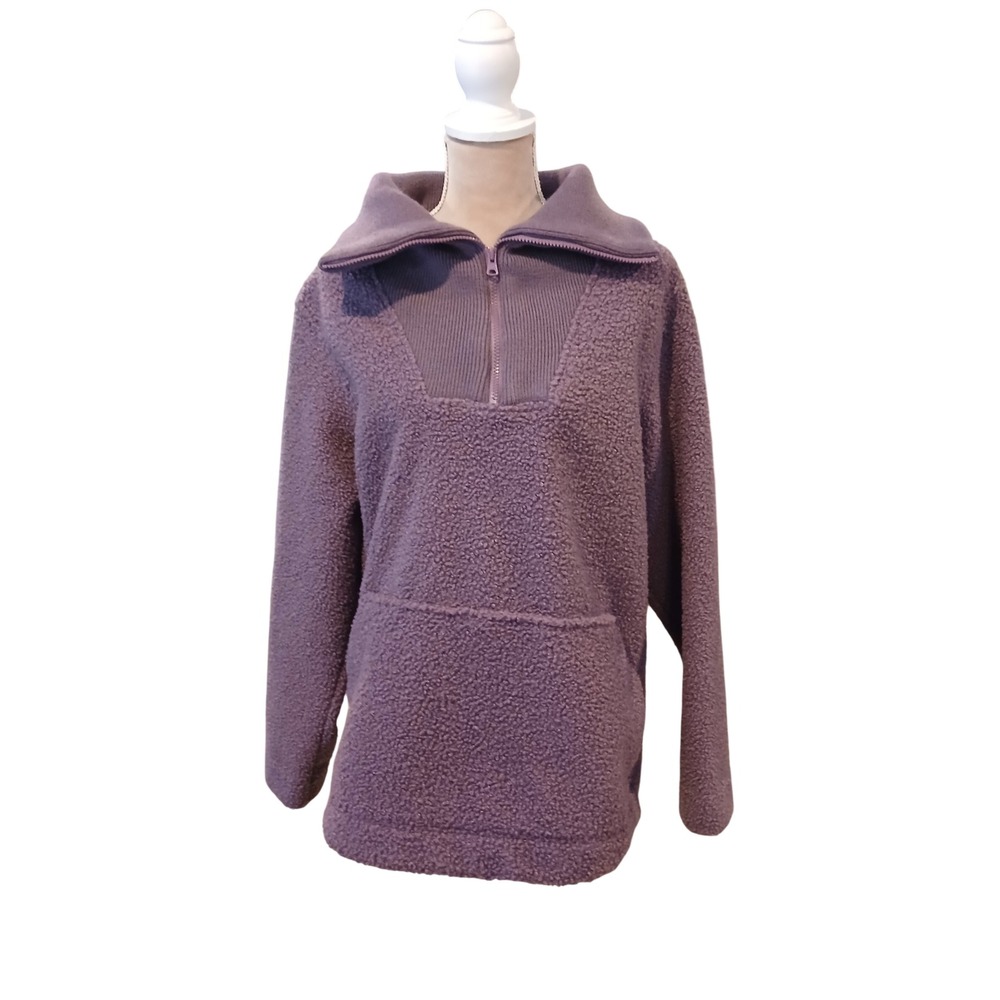 Lands End Purple Faux Shearling Fleece Quarter Zip Pullover Sweater Womens Large